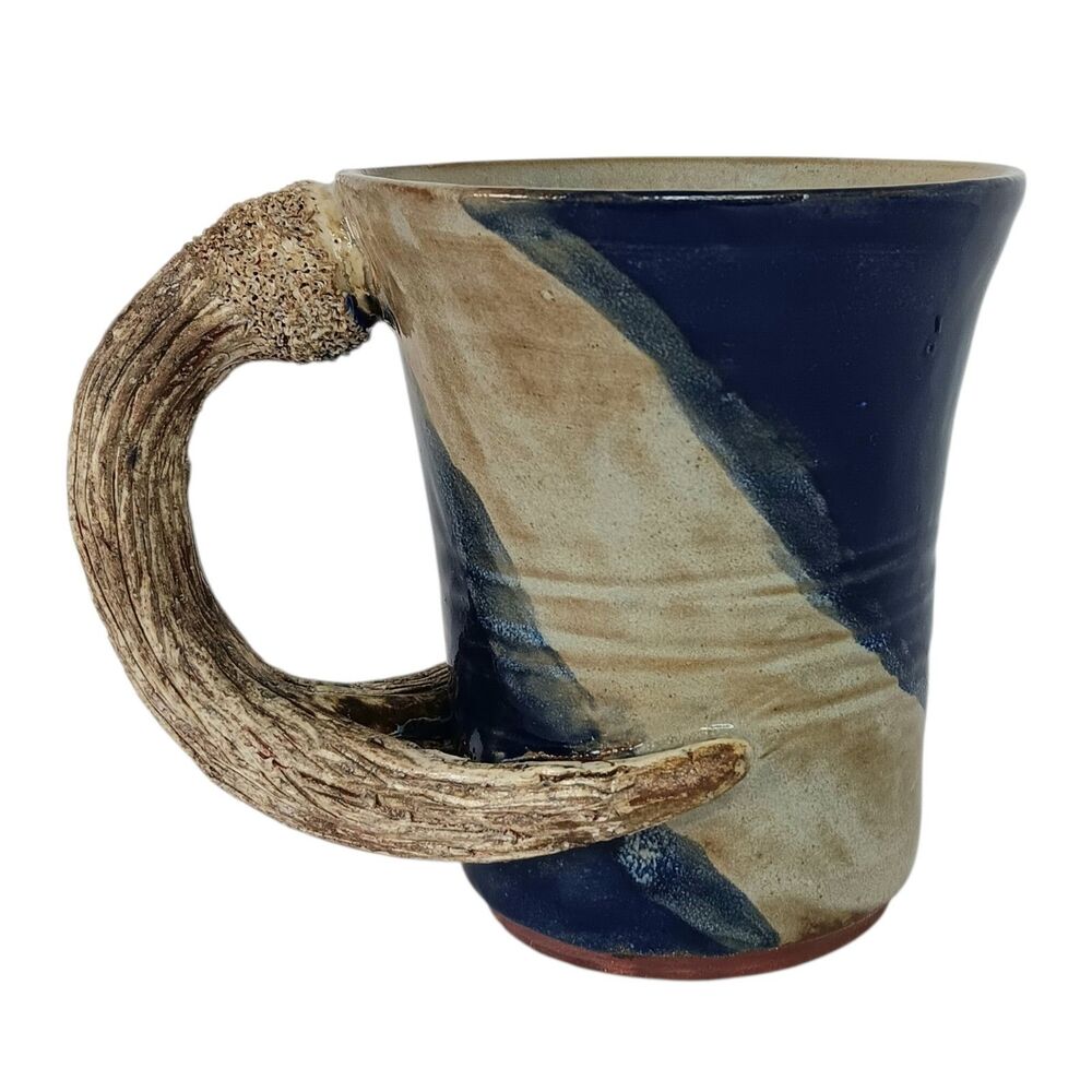 Pottery Mug With Antler Horn Shaped Handle Blue Beige Handmade Signed VP